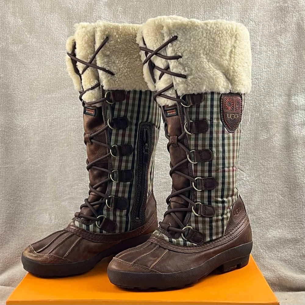 UGG Adirondack Tall Plaid Waterproof Winter Boots Brown Leather 3226 Womens 6